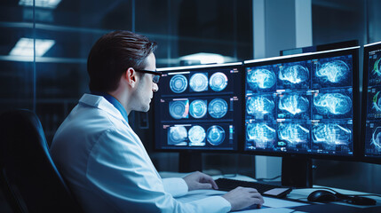 Neurology doctor studying brain tests on a computer screen in a hospital room. Brain research, CT scan.  - obrazy, fototapety, plakaty