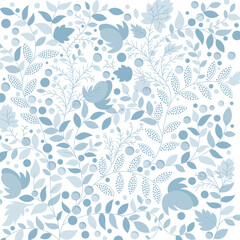 Pale Blue Flower & Berry Wallpaper Pattern Repeat