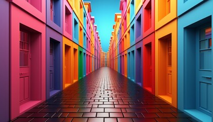 An abstract image of colored buildings with doors on both sides of the road - obrazy, fototapety, plakaty