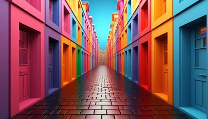 Zelfklevend Fotobehang An abstract image of colored buildings with doors on both sides of the road © katrin888