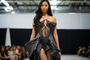 Fashion Model of Asian Appearance  in a Dark, Beautiful and Thin dress Parades Along the Catwalk at a Fashion Show