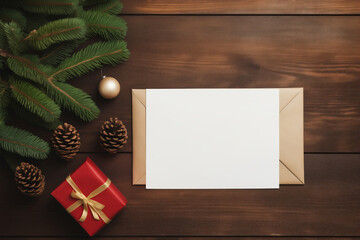 Fototapeta premium Concept mockup for mail letter to Santa Claus on wooden table. White paper for wishlist, top view