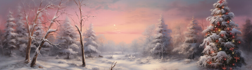 Natural landscape decorated with fairytale winter Christmas trees, 32:9 ratio
