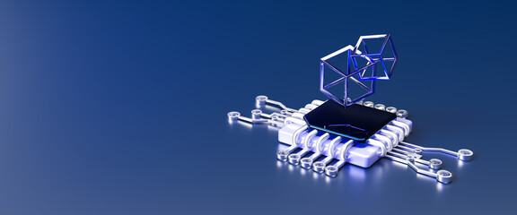 Blockchain technology and network concept. Link protection, blockchain technology, cooperation icons network connection on blue security and digital connection background. 3d rendering illustration
