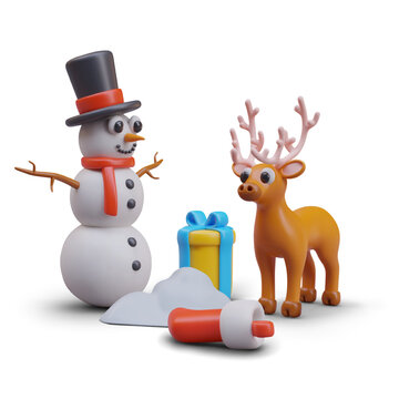 3D snowman, deer, gift box, snowdrift, Christmas stocking for gifts. Colorful festive winter composition on white background with shadows. Positive New Year characters