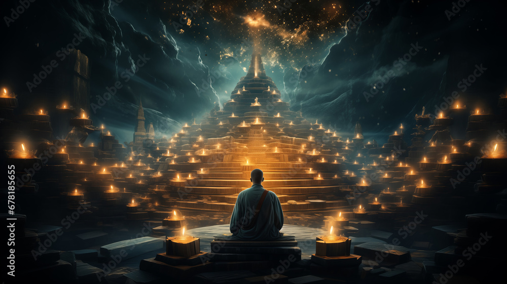 Wall mural astral yoga silhouette of human in cosmic space meditate. back view man practicing transcendental sp