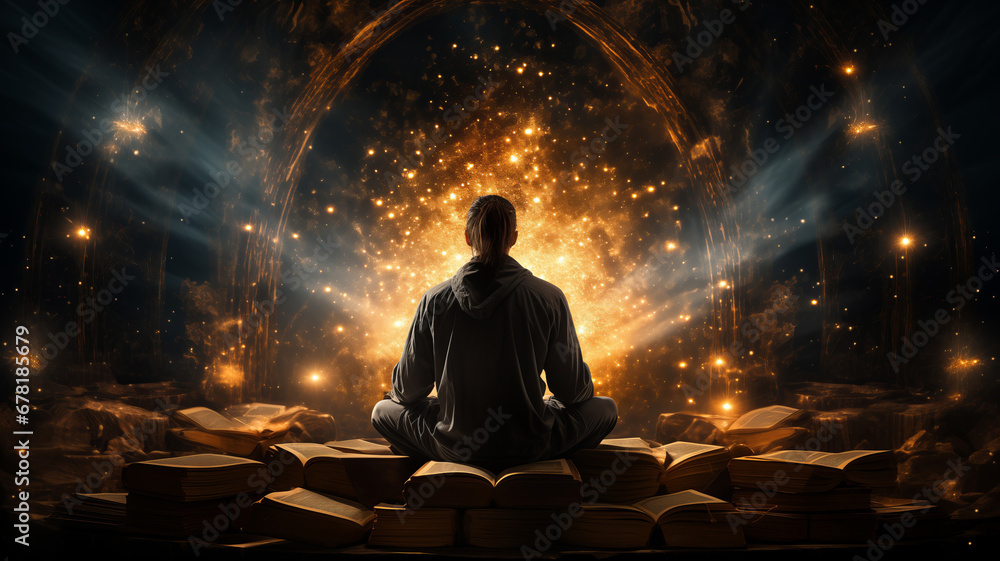 Wall mural astral yoga silhouette of human in cosmic space meditate. back view man practicing transcendental sp