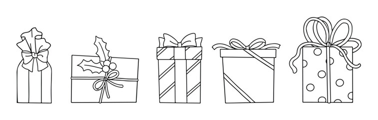 Hand drawn illustration, Doodle illustrations of gift box, Set of art line drawing present box, Doodle style, Cartoon doodle hand drawn pattern, Line art vector illustration.