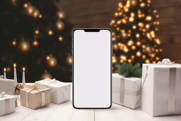 Mockup smartphone with blank screen and christmas tree on background.