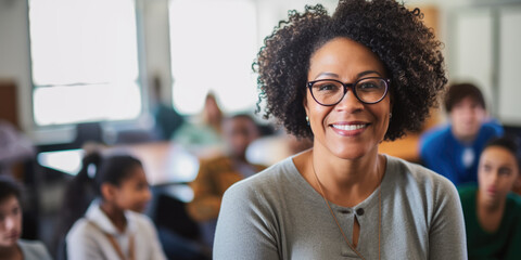 smiling African American woman teaching in classroom. AI Generated - obrazy, fototapety, plakaty