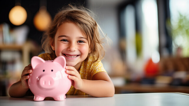Little caucasian girl hold pink piggy bank. Concept learning about saving money, kid save finances for education or dream