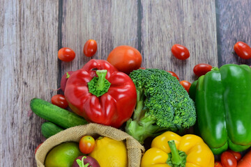 Healthy food background, healthy vegetarian food in paper bags, fruits and vegetables, banner copy space, supermarket shopping, food and clean vegetarian diet concept, organic fruits and vegetables co