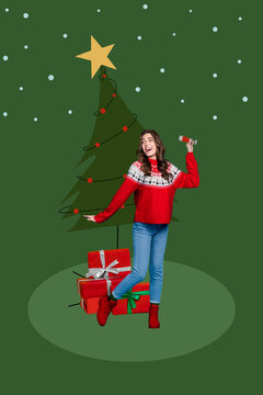 Vertical collage image of cheerful funky girl hand hold alcohol glass dance evergreen new year tree snowfall isolated on green background