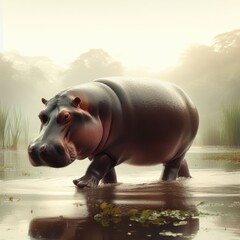 hippopotamus in water and fog