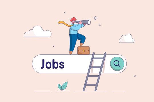 Career or job search concept. Looking for new job, employment, ind opportunity, seek for vacancy or work position. businessman climb up ladder of job search bar with binoculars to see opportunity.