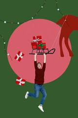 Vertical collage of crazy guy arms hold hang flying reindeer new year giftbox sledge garland decor...