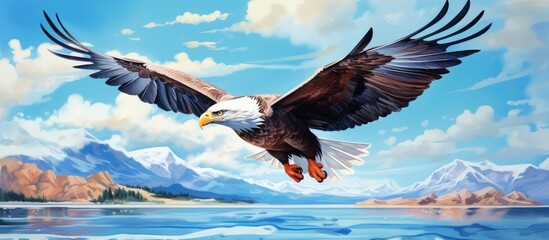 In the breathtaking watercolor illustration the majestic eagle gracefully soars above the tranquil blue ocean its keen eye spotting a school of colorful fish swimming in the crystal clear la - obrazy, fototapety, plakaty