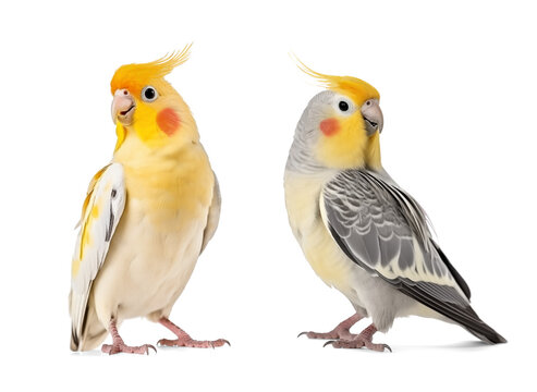 Two grey and yellow cockatiel isolated on white background