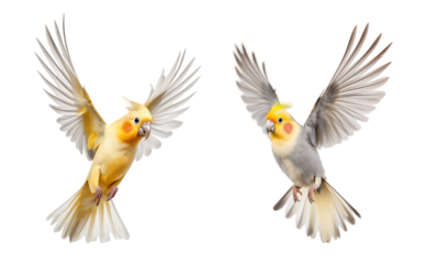 Cockatiels in flying motion, isolated