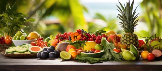 In the background of an isolated nature setting a table covered in a white tablecloth showcases a variety of colorful fruits with vibrant greens taking center stage These tropical delicacie
