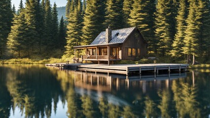 A serene lakeside cabin surrounded by tall pine trees, with a wooden dock extending into the calm water.