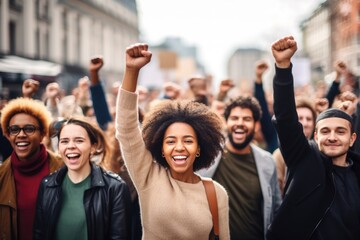 Fototapeta premium people with placards and posters on global strike. AI Generated