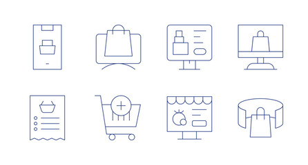 E-commerce icons. Editable stroke. Containing smartphone, shopping list, vape, online shopping, online store, shopping cart, virtual reality.