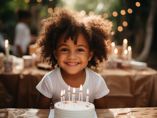 Kids birthday party. African american little girl with birthday cake on a festive background. Portrait of Little curly girl near the cake, postcard, invitation
