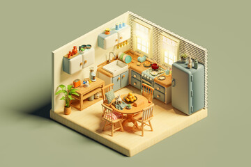 Isometric view of kitchen and dining room with fridge. 3d isometric render