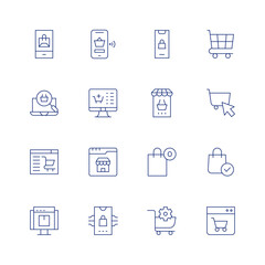 E-commerce icon set. Thin line icon. Editable stroke. Containing shopping app, search, online shop, webpage, online shopping, empty cart, ecommerce, phone, online pharmacy, web page, shopping cart, sh