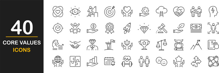 Core values web icons set. Core value - simple thin line icons collection. Containing goals, responsibility, performance, accountability, will to win, quality, teamwork and more. Simple web icons set