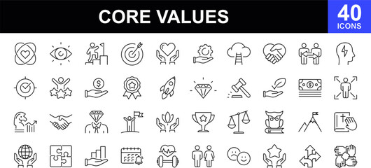 Core values web icons set. Core value - simple thin line icons collection. Containing goals, responsibility, performance, accountability, will to win, quality, teamwork and more. Simple web icons set - obrazy, fototapety, plakaty