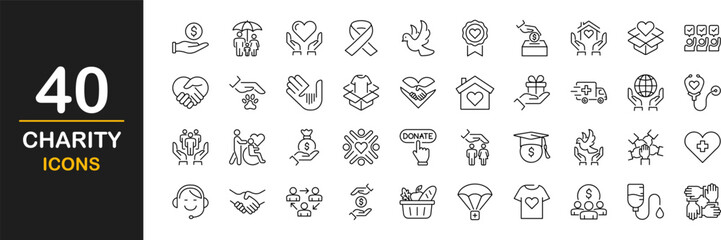 Charity web icons set. Charity and Donation - simple thin line icons collection. Containing Donated, help, assistance, volunteer, charity and more. Simple web icons set