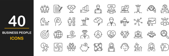 Business people web icons set. Teamwork - simple thin line icons collection. Containing human resources, meeting, partnership, office management, meeting, work group, success. Simple web icons set