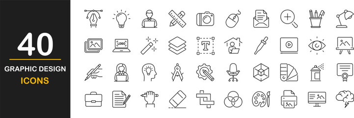 Graphic design web icons set. Web design - simple thin line icons collection. Containing creative process, paintbrush, prepress, palette, digital creative tool, layout and more. Simple web icons set