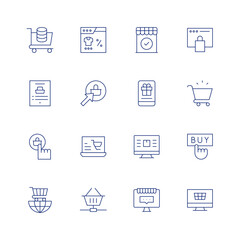 E-commerce icon set. Thin line icon. Editable stroke. Containing shopping cart, online shopping, shopping basket, trading, shop, gift, buy, delivery, ecommerce, empty cart, shopping online.