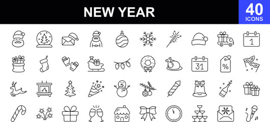 New year web icons set. Winter celebrations - simple thin line icons collection. Containing party, xmas, christmas, celebrate, holiday, gift, christmas tree, snowman and more. Simple web icons set
