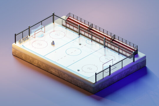 3D isometric render of hockey rink with tribunes