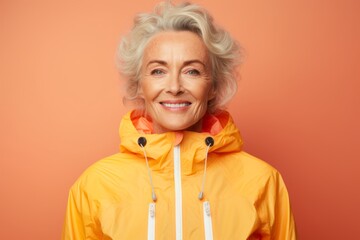 Portrait of a glad woman in her 60s wearing a functional windbreaker against a pastel orange background. AI Generation - obrazy, fototapety, plakaty