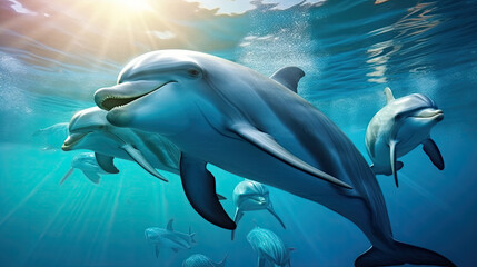 dolphin in the sea, dolphins underwater in blue ocean. Dolphins family - obrazy, fototapety, plakaty