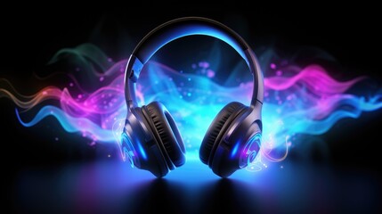 Headphones and soundwaves on dark background.  Concept of electronic music listening. Digital audio equipment - obrazy, fototapety, plakaty