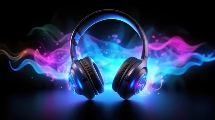 Foto op Plexiglas Headphones and soundwaves on dark background.  Concept of electronic music listening. Digital audio equipment © YauheniyaA