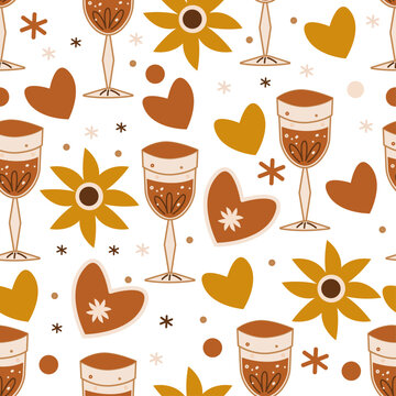 seamless pattern with christmas pictures a glass of wine vector illustration
