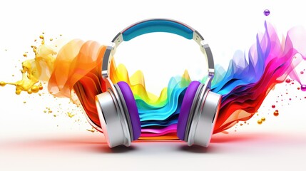 Headphones and soundwaves on white background.  Concept of electronic music listening. Digital...