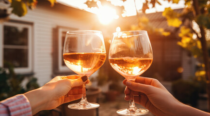 copas con alcohol sostenidas por las manos haciendo un brindis, en terraza sobre puesta de sol - obrazy, fototapety, plakaty