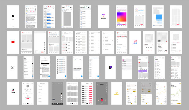 Tik Tok, Youtube, Instagram And Facebook, Twiiter, X.com, X, Twitch, Binance, Apple Music Mockup. Big Set Screen Social Media Network Interface Template. Homepage Stories, Liked, Stream. Editorial