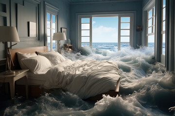 Flooded bedroom during natural disaster - obrazy, fototapety, plakaty