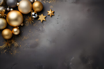Christmas decorations on dark background. Golden and black balls, decorations, confetti.  Xmas greeting card template. Happy New Year banner mockup