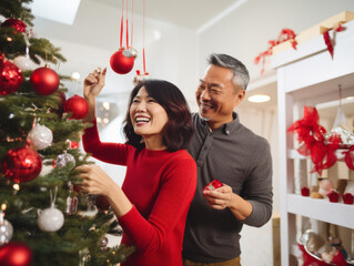 A couple were doing Christmas decorations in the living room