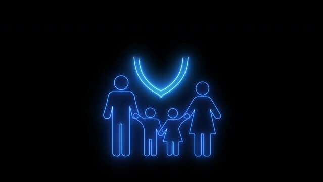 Neon illustration family linear icon with shield guard. Concept of protection the safety of your family, insurance management planning, finance and hearth care planning. Able use graphic isolated.